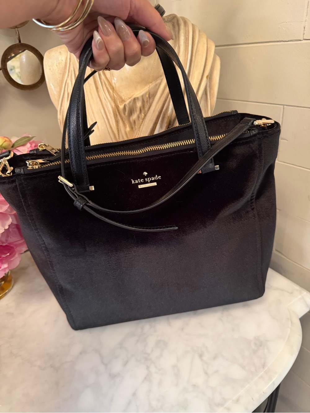 kate spade Black Velvet Crossbody Satchel with Gold Hardware